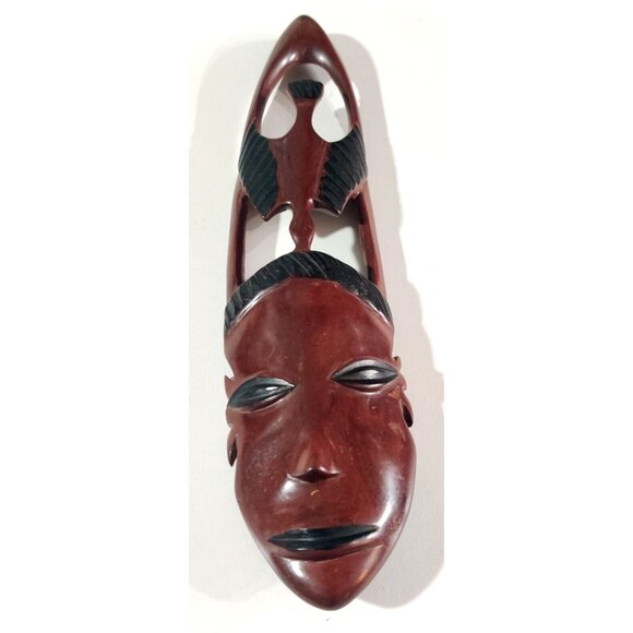 VINTAGE Folk Art Hand Carved Wood Face Tribal Wall Art Woman Long Mask 13.5x3" - Picture 3 of 15